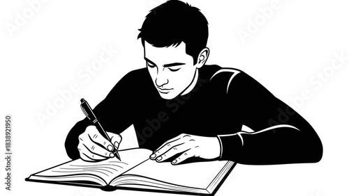 Focused young man diligently writing notes in notebook with pen in minimalist black and white style