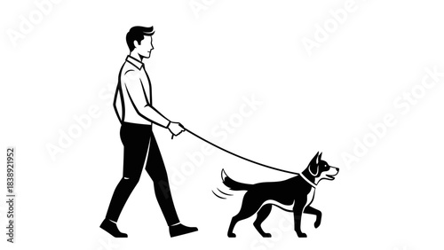 Professional man confidently walking energetic dog on leash in simple, modern outline style