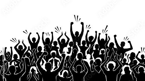 Energetic crowd silhouette cheering wildly with raised fists and clapping hands at a major event