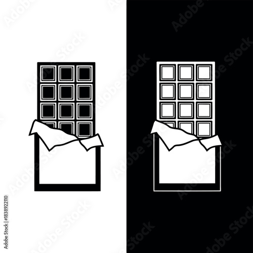 Black and white icons of a chocolate bar with wrapper partially open, one solid, one outline candy sweet 