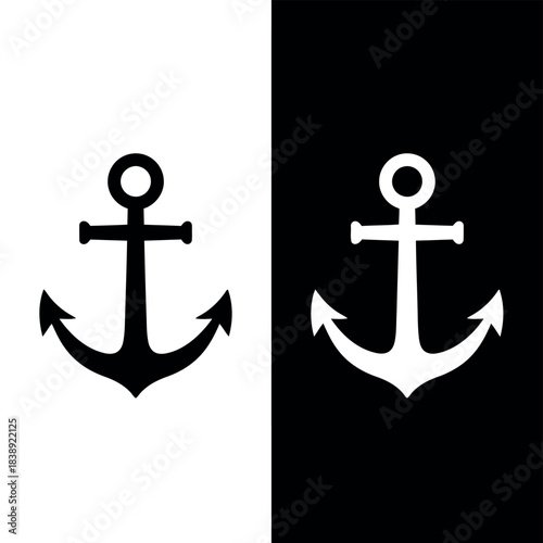 Black and white icons of a nautical anchor Keywords: anchor, nautical, maritime, sea, ocean, sailing, boat, ship, navy, marine, symbol, icon, graphic, design, illustration, 