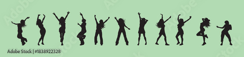 Female Dancing people silhouette set, celebration and joy poses, party vector icons, expressive movement, black design, male and female figures, vector illustration.