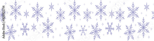 Seamless Vector Snowflake Border, Featuring Assorted Lavender and White Snowflakes, Festive Design for Winter, Christmas, and Holiday Banners