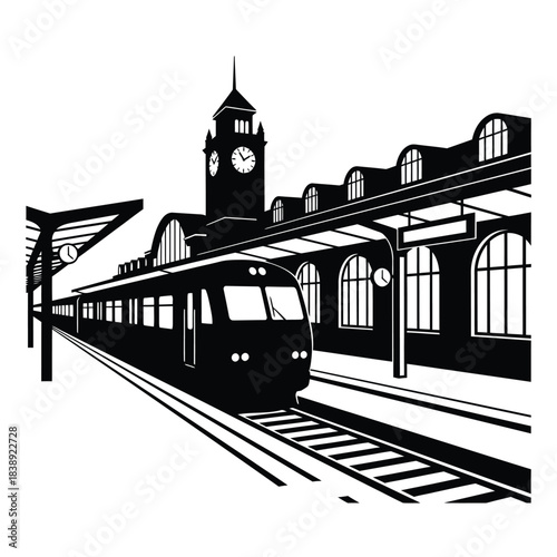 Black and White Illustration of a Train at a Station