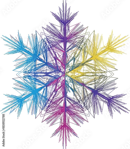Abstract digital snowflake design featuring vibrant multicolored lines creating a complex geometric winter pattern