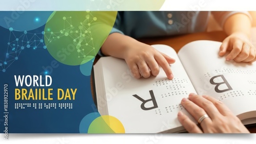 Close-up of hands reading embossed Braille text. A symbolic image emphasizing the importance of literacy, inclusivity, and accessibility for people with visual impairments. AI generated.
