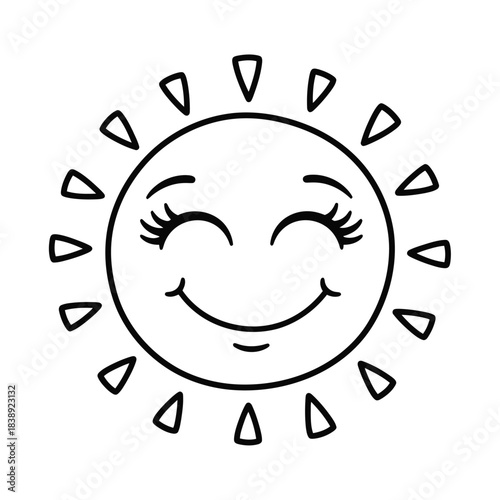 Black and white line drawing of a smiling sun cartoon