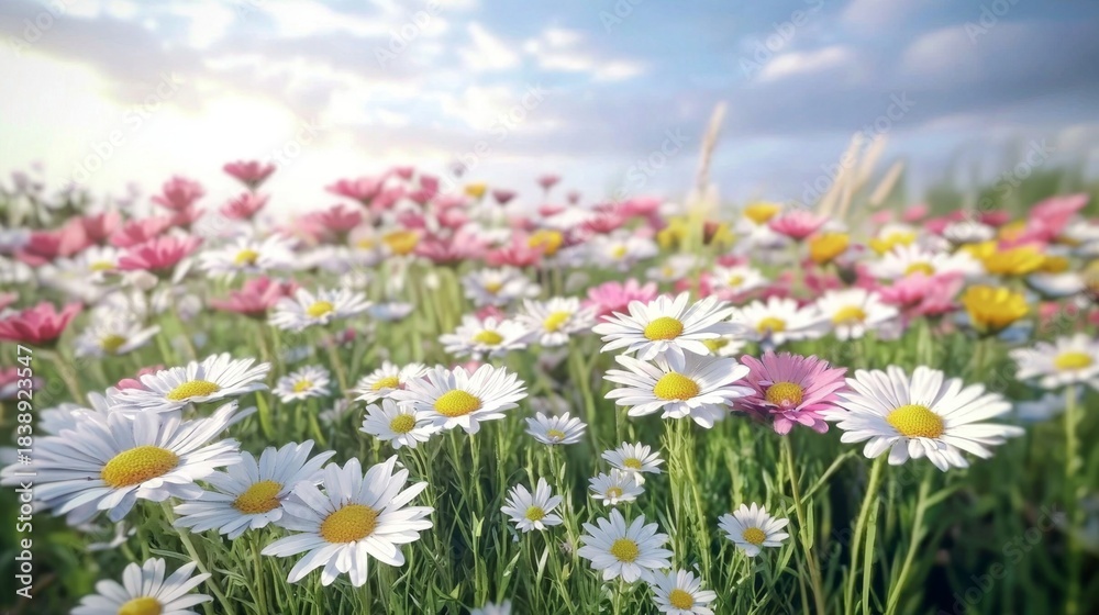 Obraz premium A vibrant collection of small daisies showcasing various colors from a side perspective.