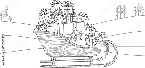 Wooden sleigh overflowing with beautifully wrapped holiday presents sits ready for winter delivery in a snowy landscape