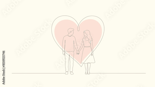Minimalist continuous line drawing of a loving couple holding hands inside a large soft pink heart shape