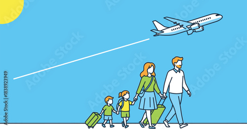 Family of four walking with luggage toward a departing airplane under a bright summer sun