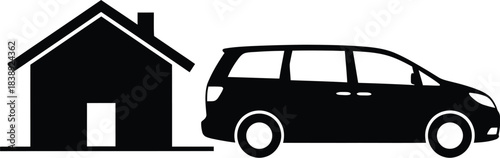 Silhouette of a house standing beside a parked mini van