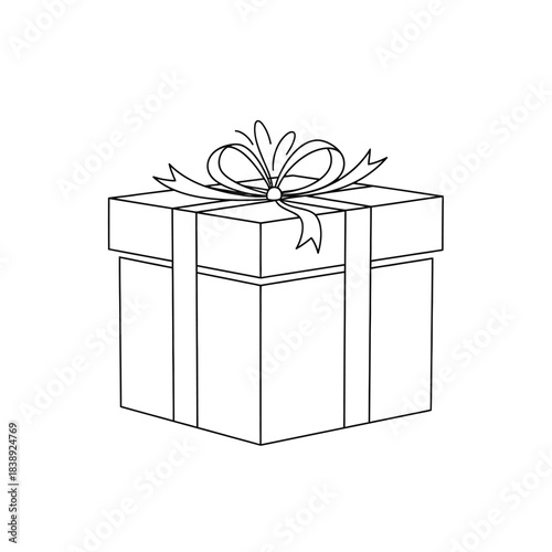 Concept of an elegantly wrapped present with a decorative bow, rendered as a clean and simple line art illustration, symbolizing celebration, happiness, and special occasions
