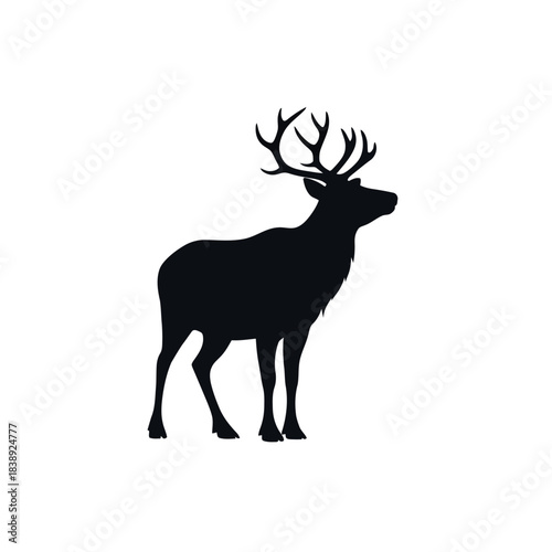 Silhouette of a majestic stag with large antlers standing proudly on a white background, symbolizing nature and wildlife