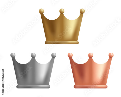 Vector Illustration of Three Realistic 3D Crowns in Gold, Silver, and Bronze/Copper Tones, Representing the First, Second, and Third Place Rankings for Games, Sports Competitions, Award Ceremonies