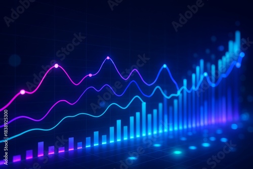 Glowing neon financial chart with rising bar and line graphs on dark digital background representing data analytics and market growth concept. Ai generative
