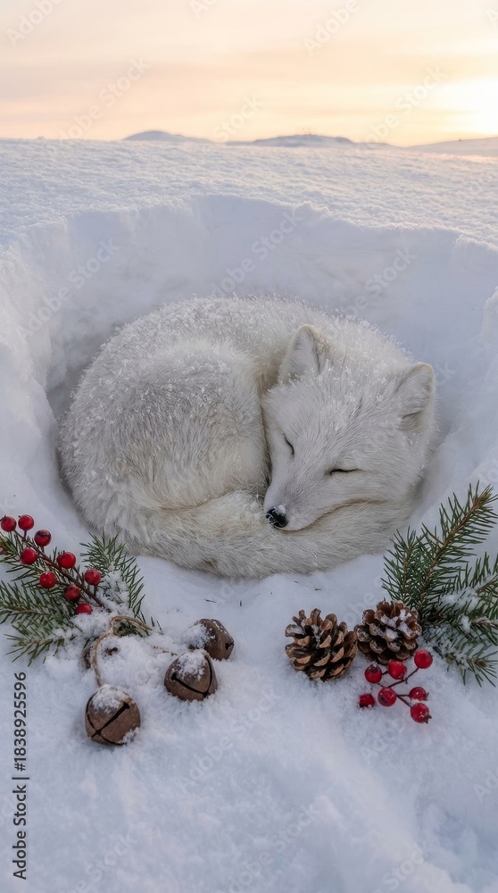 Naklejka premium Arctic Fox Nap in Snow - Arctic fox curled in the snow, a symbol of serenity, resilience, purity, winter stillness, and nature's beauty. A winter scene evokes a sense of peace