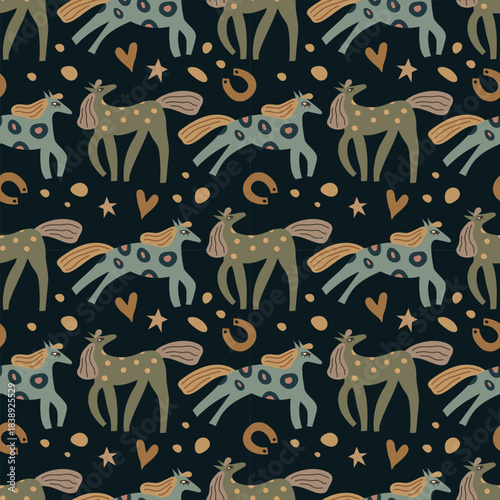 Whimsical Horses Seamless Pattern Vector Illustration. Horses with playful patterns and decorative elements, including hearts and horseshoes
