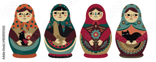 Traditional Russian Matryoshka Dolls Set Vector Illustration.