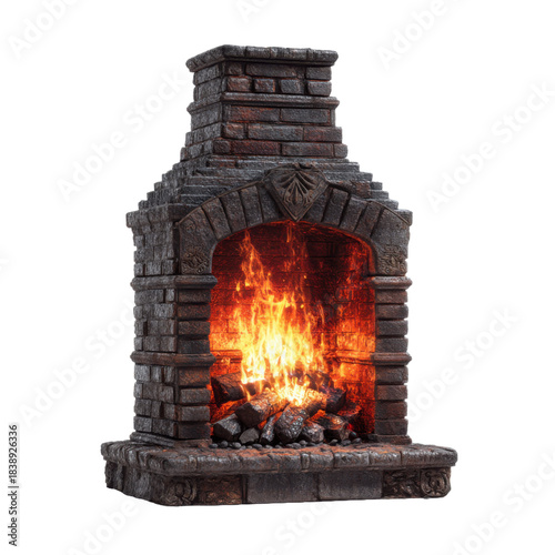 Fire place with burning logs on white background.png