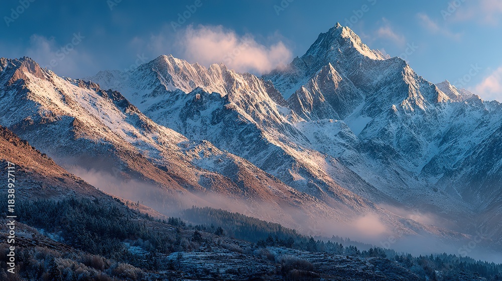 Obraz premium Snow-capped mountain peaks and foggy forest under morning light magnificent natural mountain landscape 