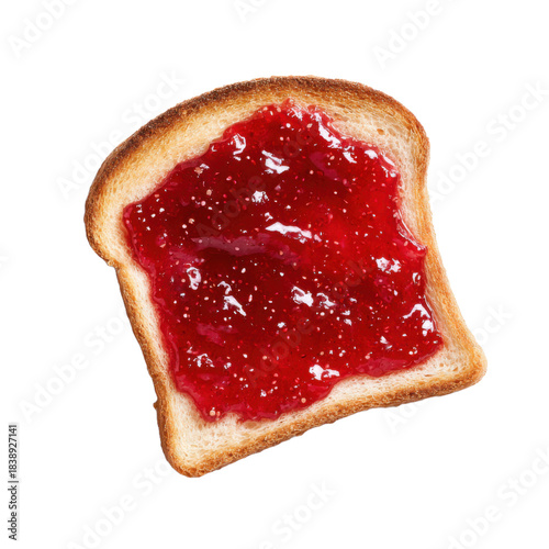 Slice of toasted bread with red jam on white background.png