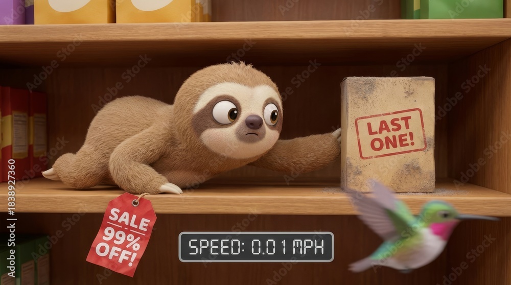 Naklejka premium Cartoon Sloth and Hummingbird - A cartoon sloth reaches for a box that says Last One! while a hummingbird flies by