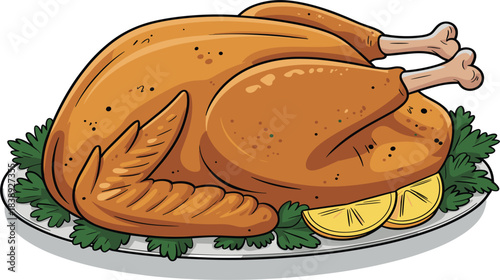 Perfectly roasted turkey or chicken on a serving platter, garnished with parsley and lemon slices, traditional Thanksgiving or Christmas dinner vector