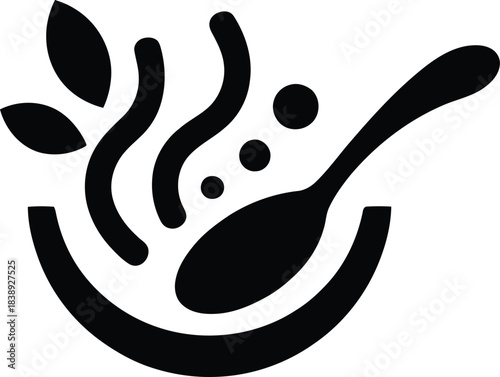 Black and white vector illustration of a steaming bowl with spoon, leaves, and garnish elements for hot food concepts.
