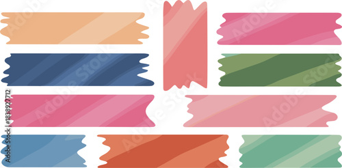 Collection of colorful washi tape strips with textured patterns and torn jagged edges, decorative scrapbook sticker graphic vector elements