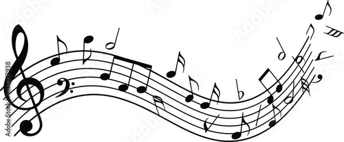 Musical Notes Illustration – Flowing Melody with Treble Clef, Rhythm Waves and Abstract Black‑and‑White Music Design