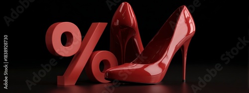 Elegant red high heel shoes placed beside a glossy percent symbol on a smooth reflective surface. Concept of fashion sale, shopping discount, style and luxury promotion.  banner