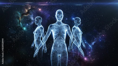Three interconnected human forms of light in the vast, starry expanse of outer space, representing energy