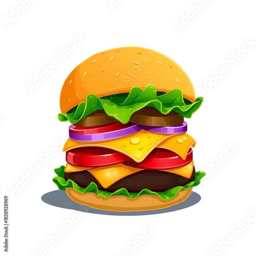 Charming illustration of a juicy hamburger, layered ingredients,  food art,  illustration