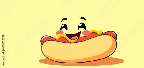 Charming hotdog cartoon vector art, smiling with mustard, on yellow,  smiling,  cartoon