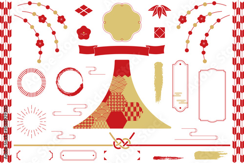 富士山・水引・梅・笹の葉を組み合わせた日本らしい和風フレームデザイン・正月やお祝い向けの高級装飾素材。Fuji and Mizuhiki Japanese Decorative Frame