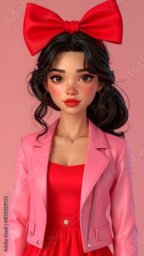 Digital portrait of a young woman with dark hair, large red bow, pink jacket, red dress. Warm, soft colors, and delicate features