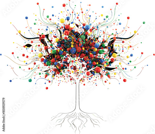 Abstract Creative Tree Illustration Featuring a Cloud of Exploding Colorful Balls and Paint Splatters Representing Growth and Idea
