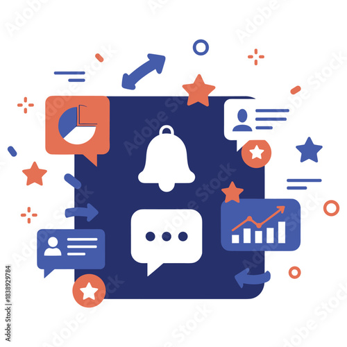 Business communication and analytics concept with charts and notifications