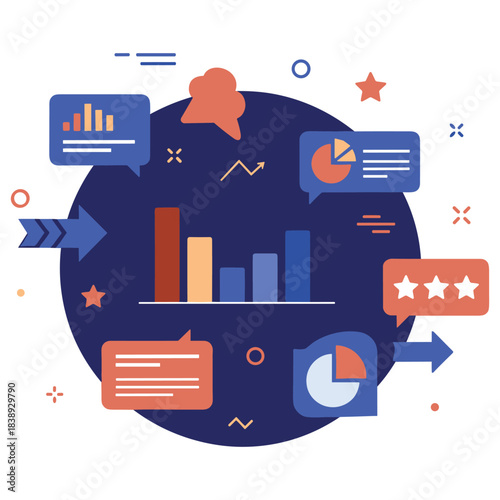 Data analysis concept with infographics and charts on blue background