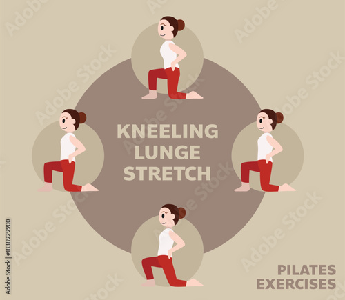 Pilates Moves Exercises Kneeling Lunge Stretch Cute Cartoon Vector Illustration