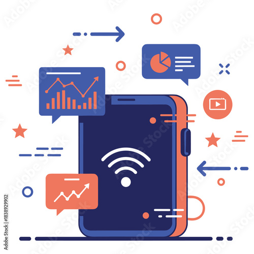 Smartphone with wi-fi symbol and data analytics graphics in modern design