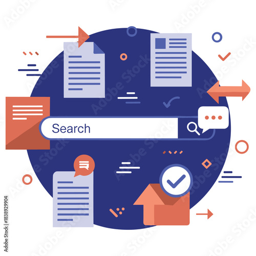 Search engine concept with documents and icons in a blue circle design