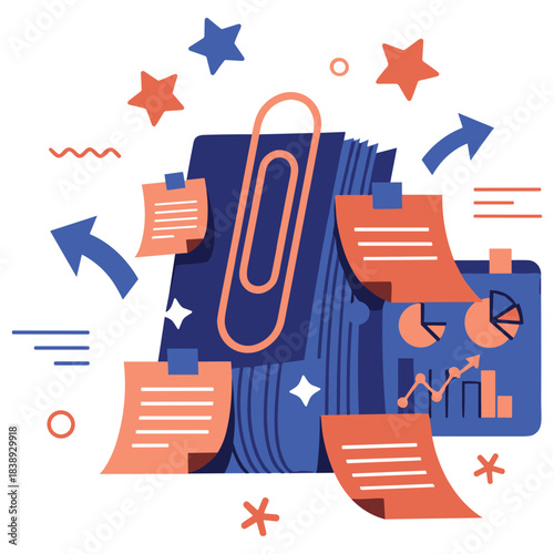 Creative office supplies: books, charts, and notes in a vibrant design