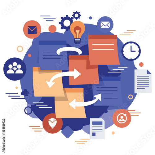 Organized workflow with sticky notes and office icons in abstract design