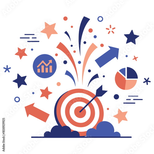 Business success concept with target, arrows, and charts in dynamic abstract design