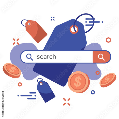 Online shopping concept with search bar and price tags