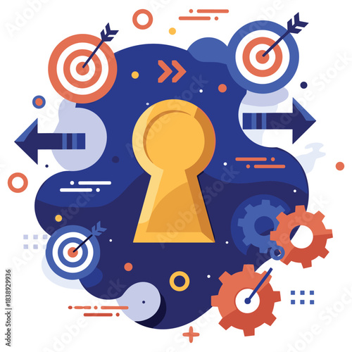 Keyhole and abstract gear design with target arrows in blue and orange