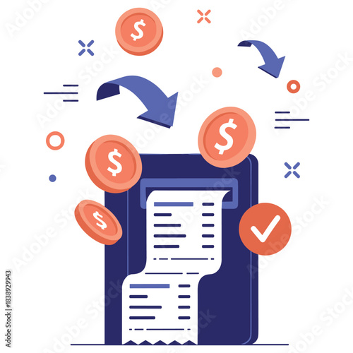 Digital receipt with dollar coins and arrows indicating financial transaction concept
