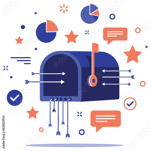 Blue mailbox with arrows and communication icons displaying digital messaging concept